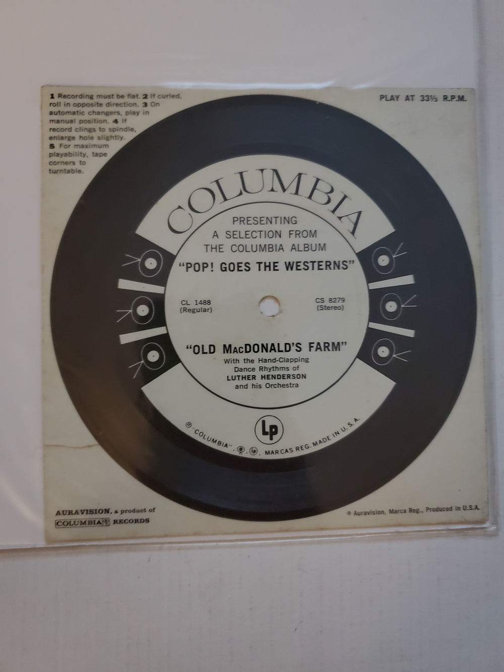 Columbia 6 Eyes Cardboard Record POP! GOES THE WESTERNS & Old MacDonald's Farm!